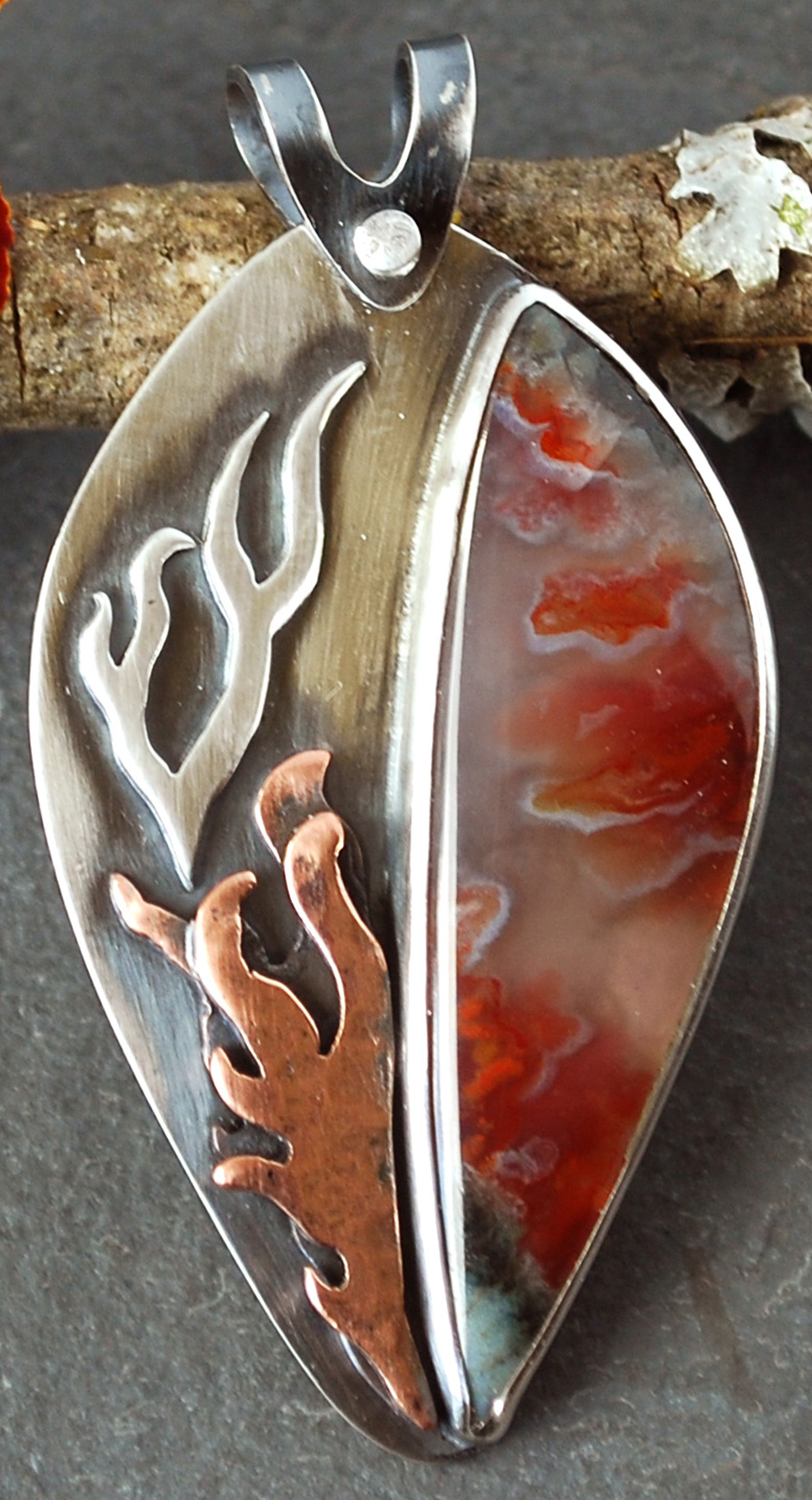 Flame agate with copper flames, silver smoke