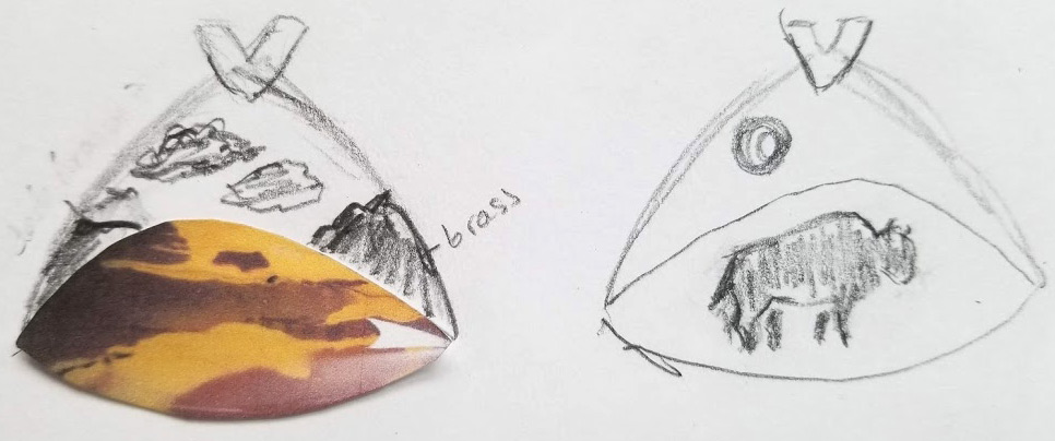 Mookaite with pendant sketch showing mountains above stone, buffalo behind