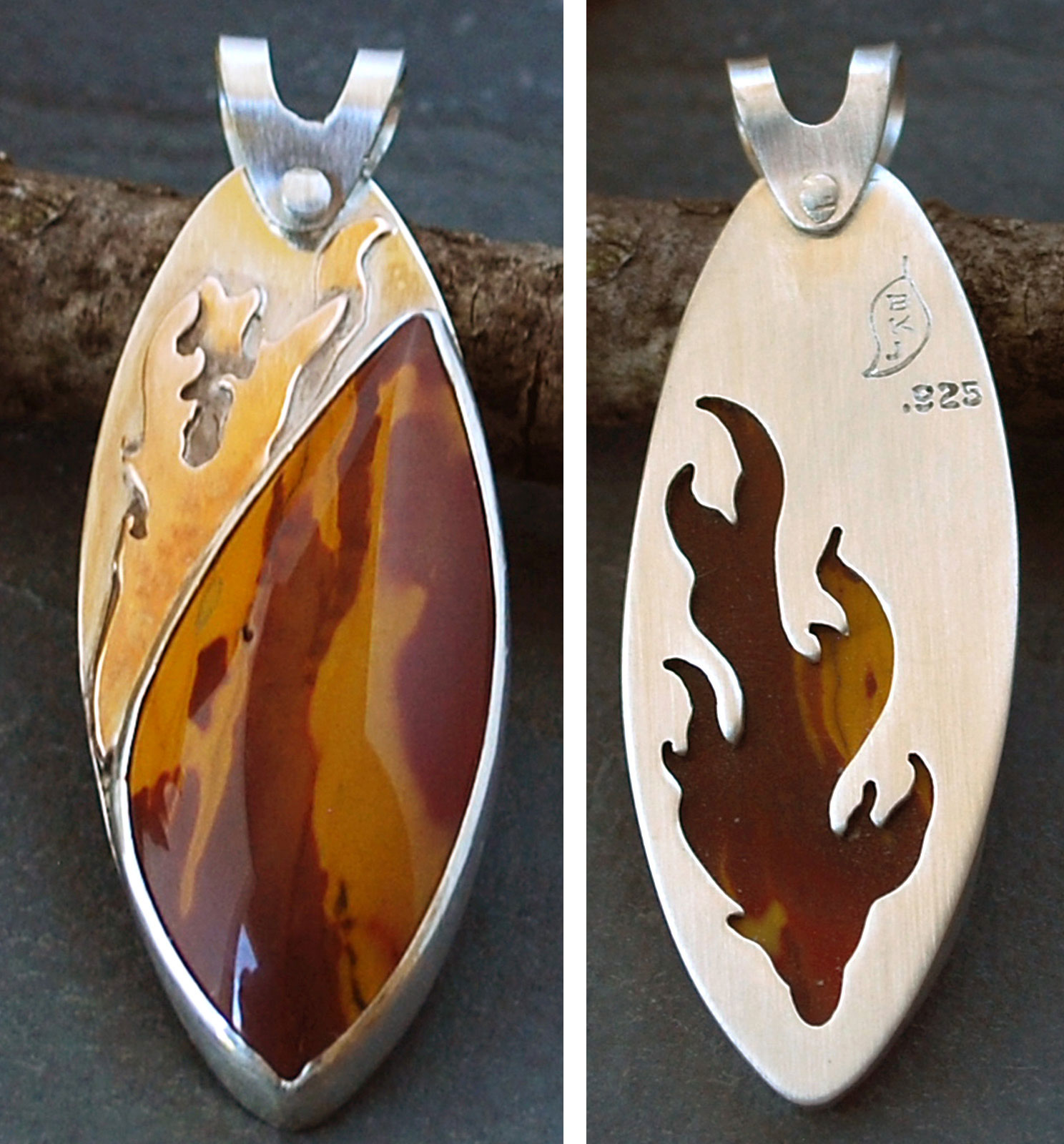 Mookaite pendant with copper flames, flames cut out in back