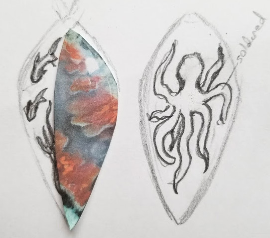Flame agate pendant sketch with fish and octopus on back