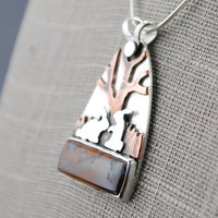 Boulder Opal Pendant with Rabbits, Tree closeup angle