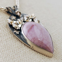 Pink Phosphosiderite Pendant, Silver with riveted Flowers close-up angle