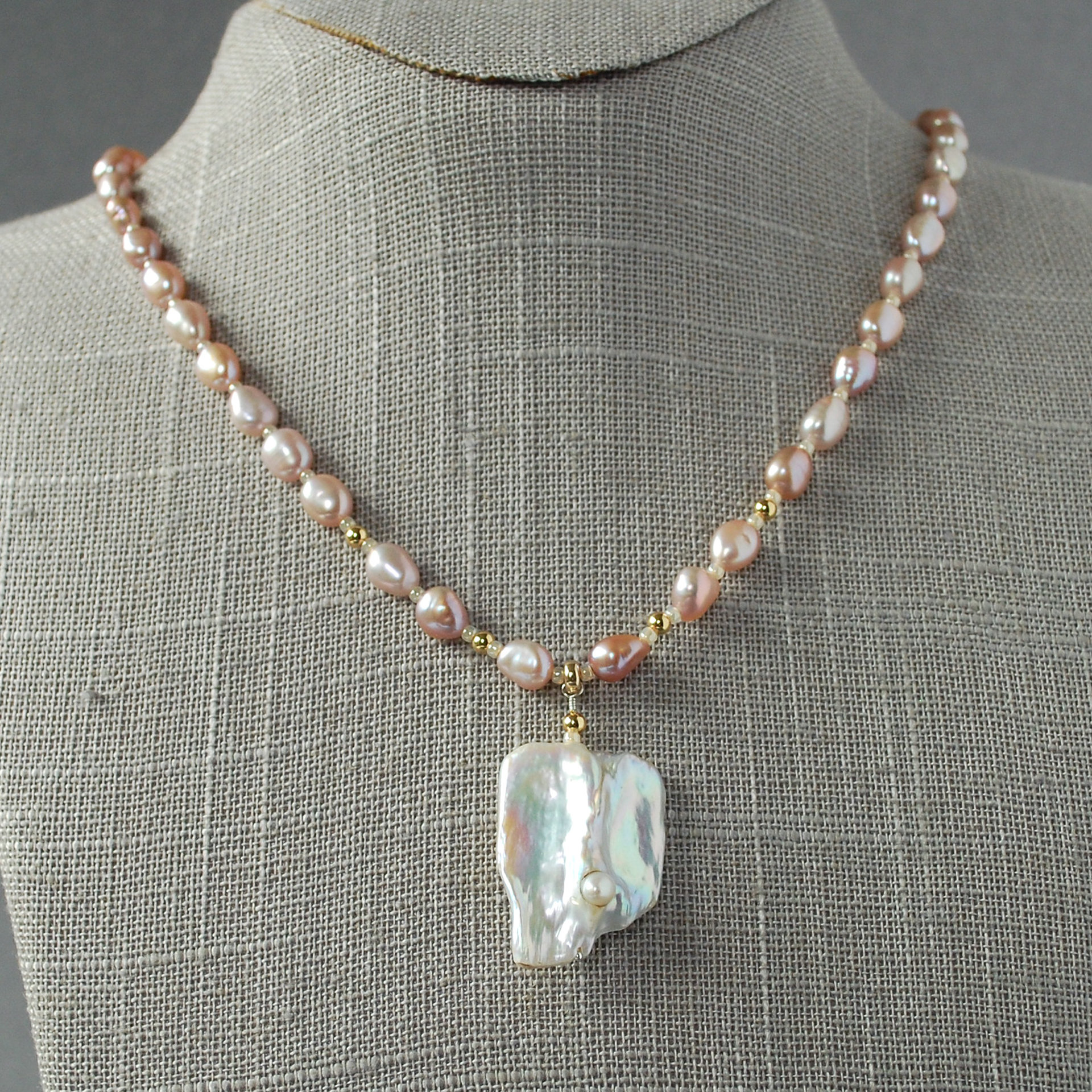 Pink Pearl Necklace with Baroque Focal Pearl