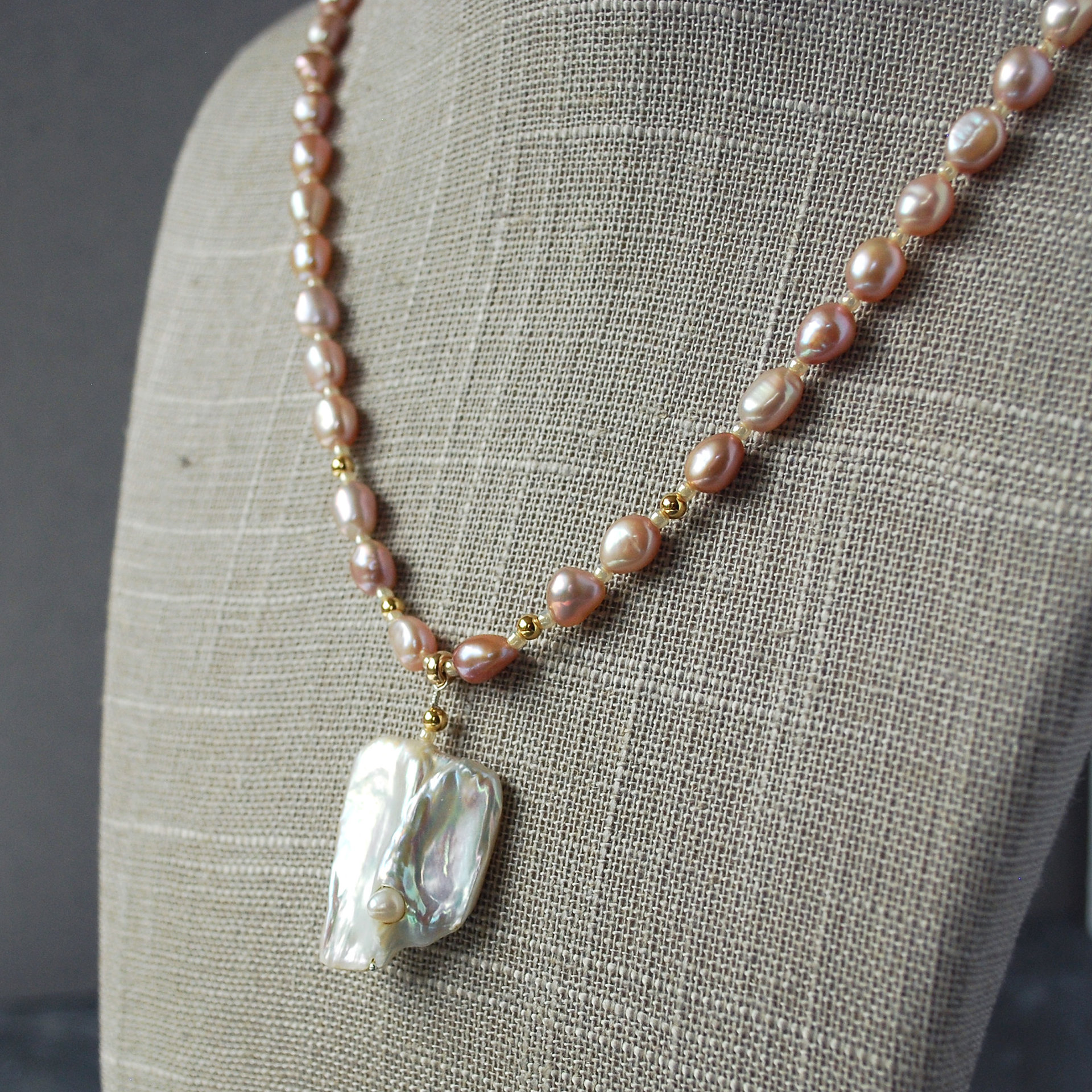 Pink Pearl Necklace with Baroque Focal Pearl