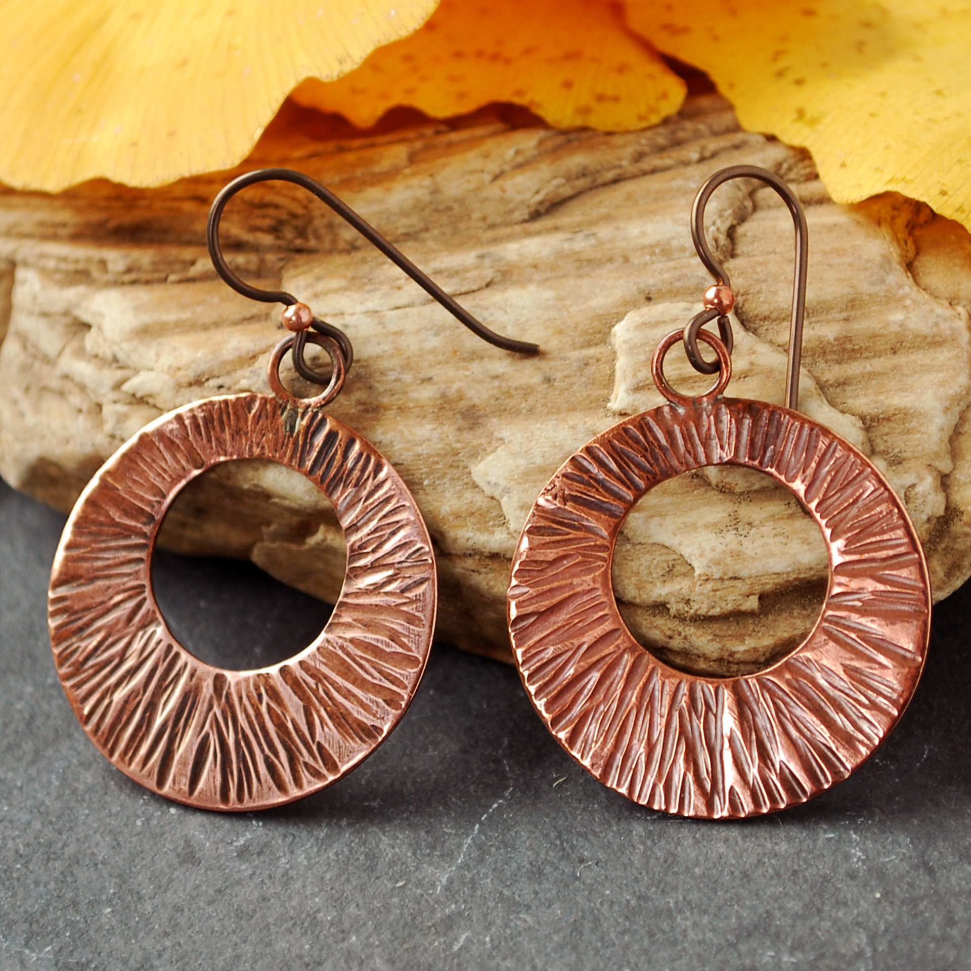 Hammered Copper Circle, Hoop Style Earrings