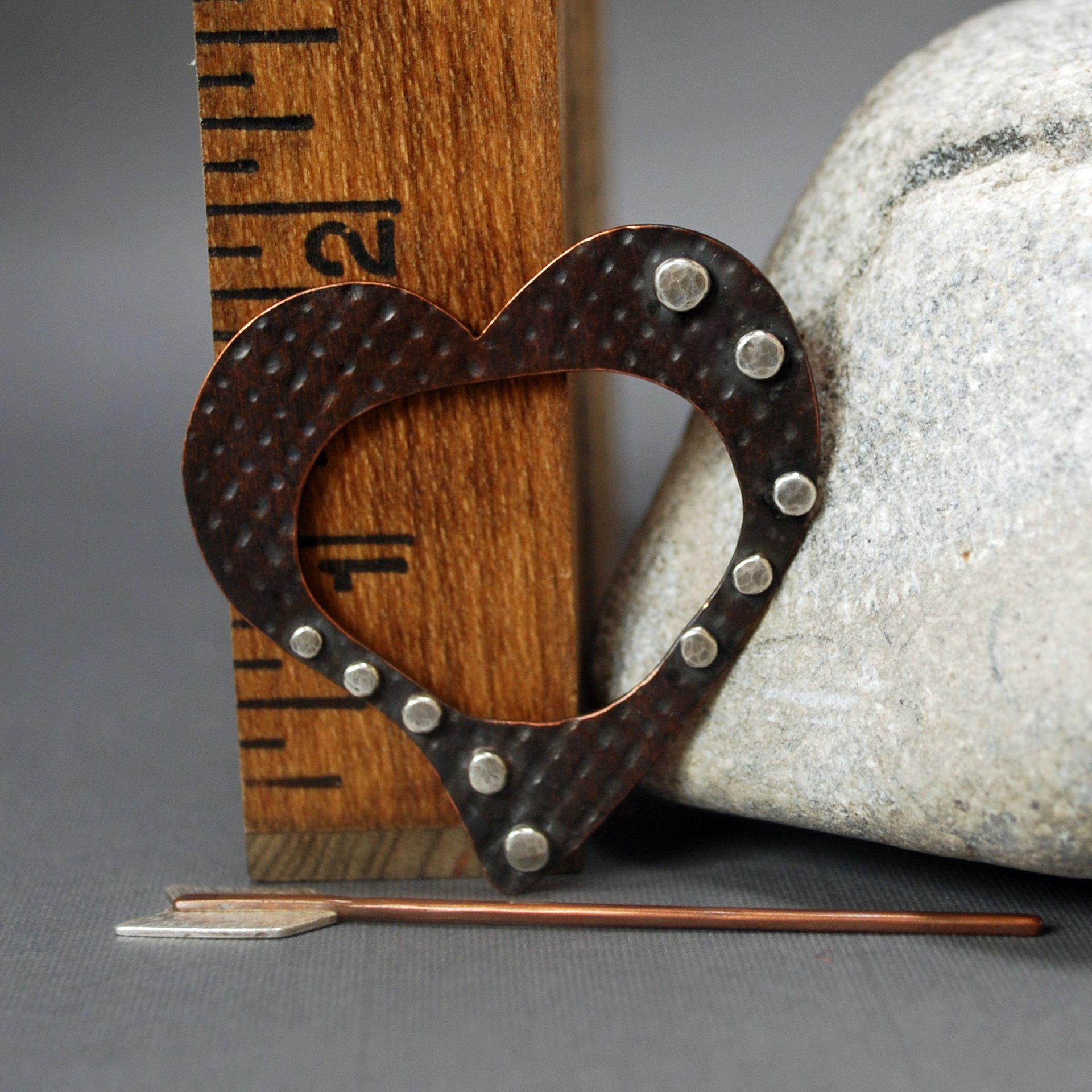 Copper and Silver Heart Shawl Pin, Scarf Pin, Fibula