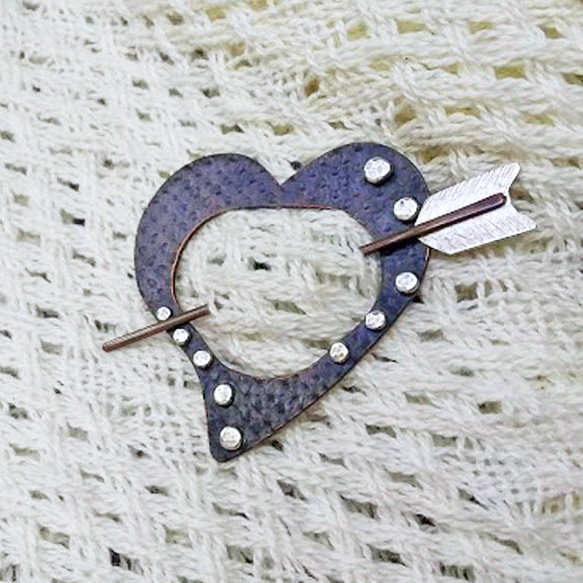 Copper and Silver Heart Shawl Pin, Scarf Pin, Fibula