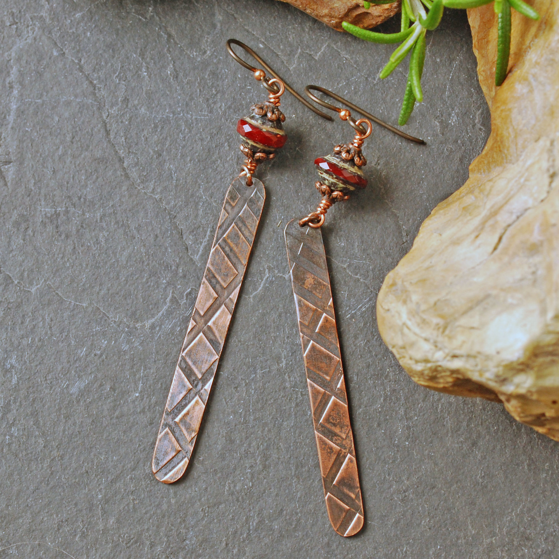 Long Copper Czech Glass Dangle Earrings