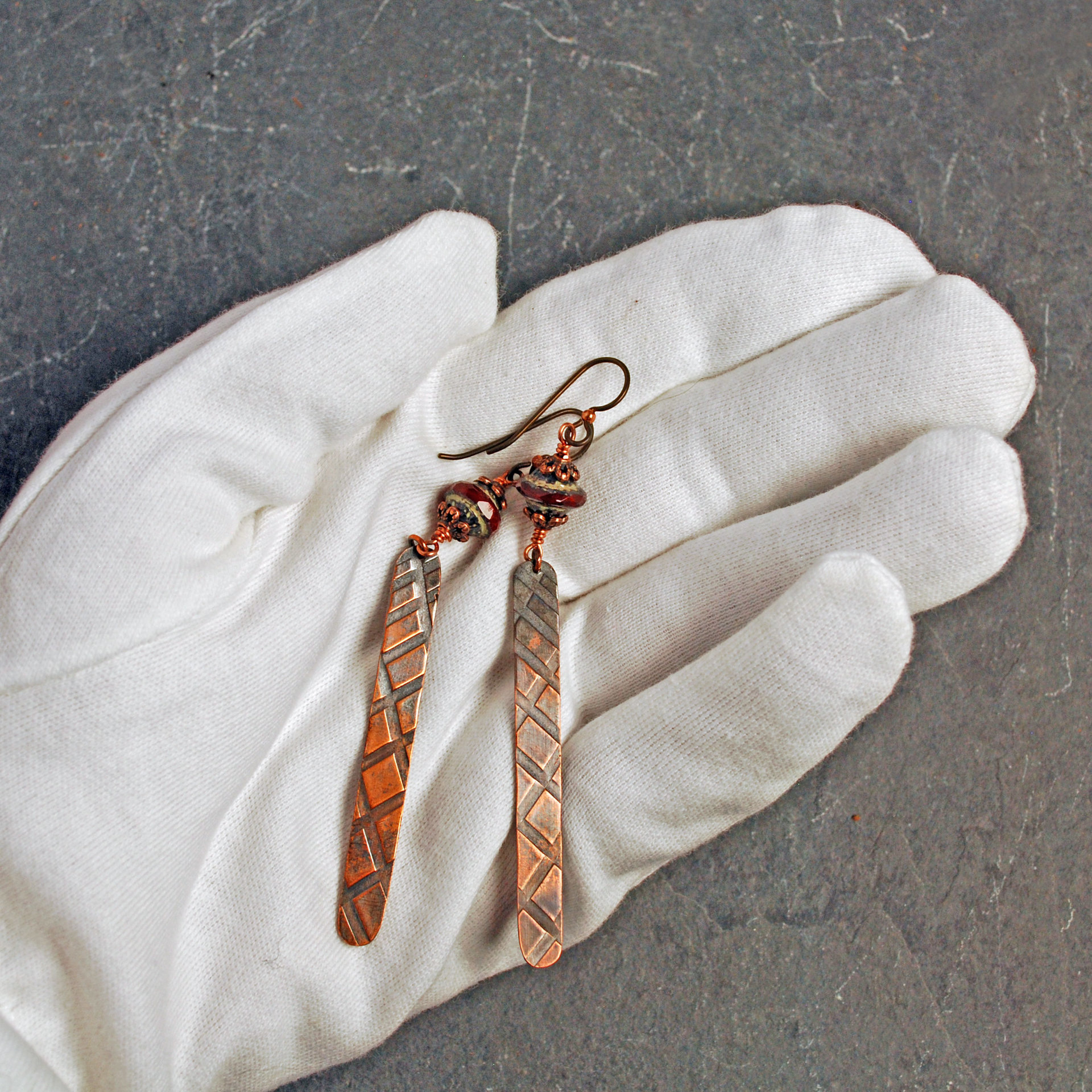 Long Copper Czech Glass Dangle Earrings