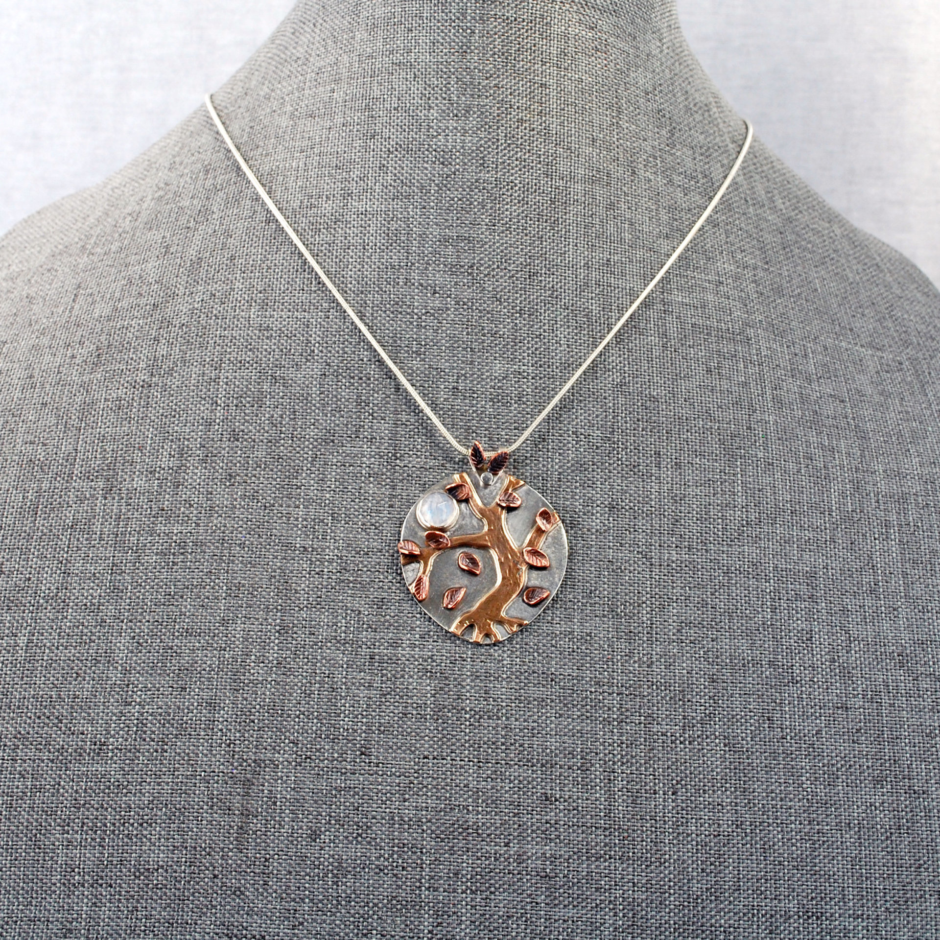 Autumn Tree Pendant, Silver, Copper, Bronze, Moonstone
