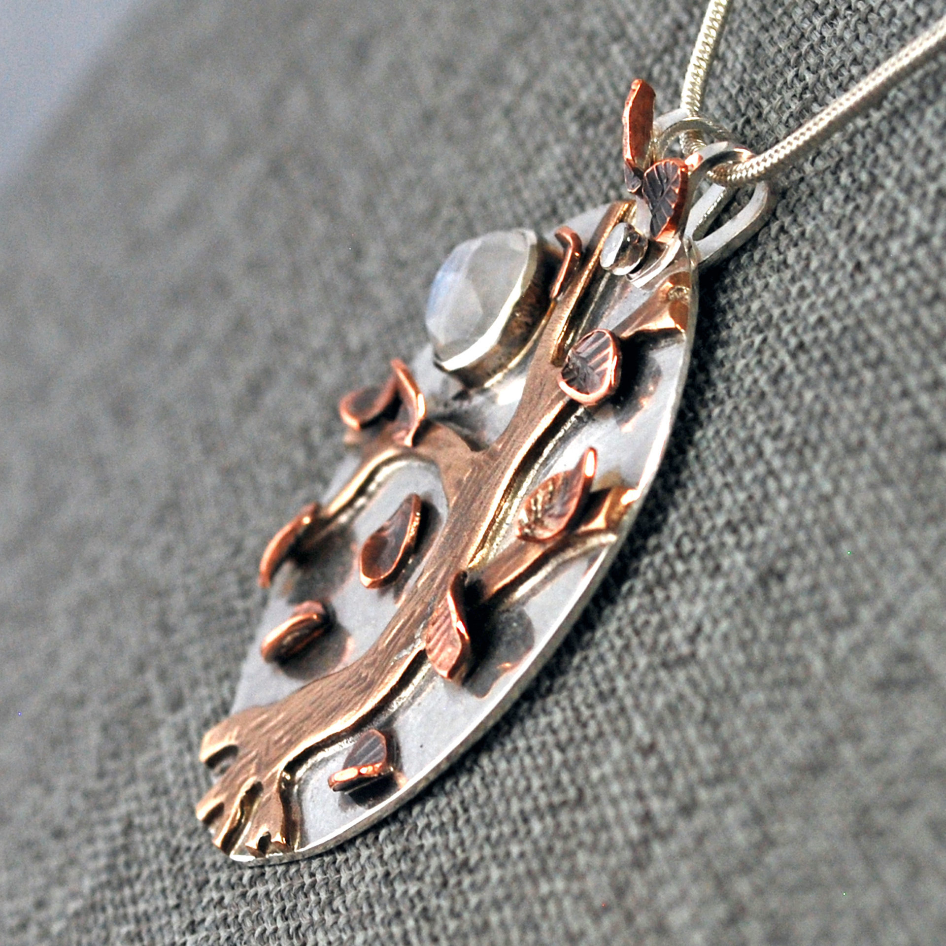 Autumn Tree Pendant, Silver, Copper, Bronze, Moonstone