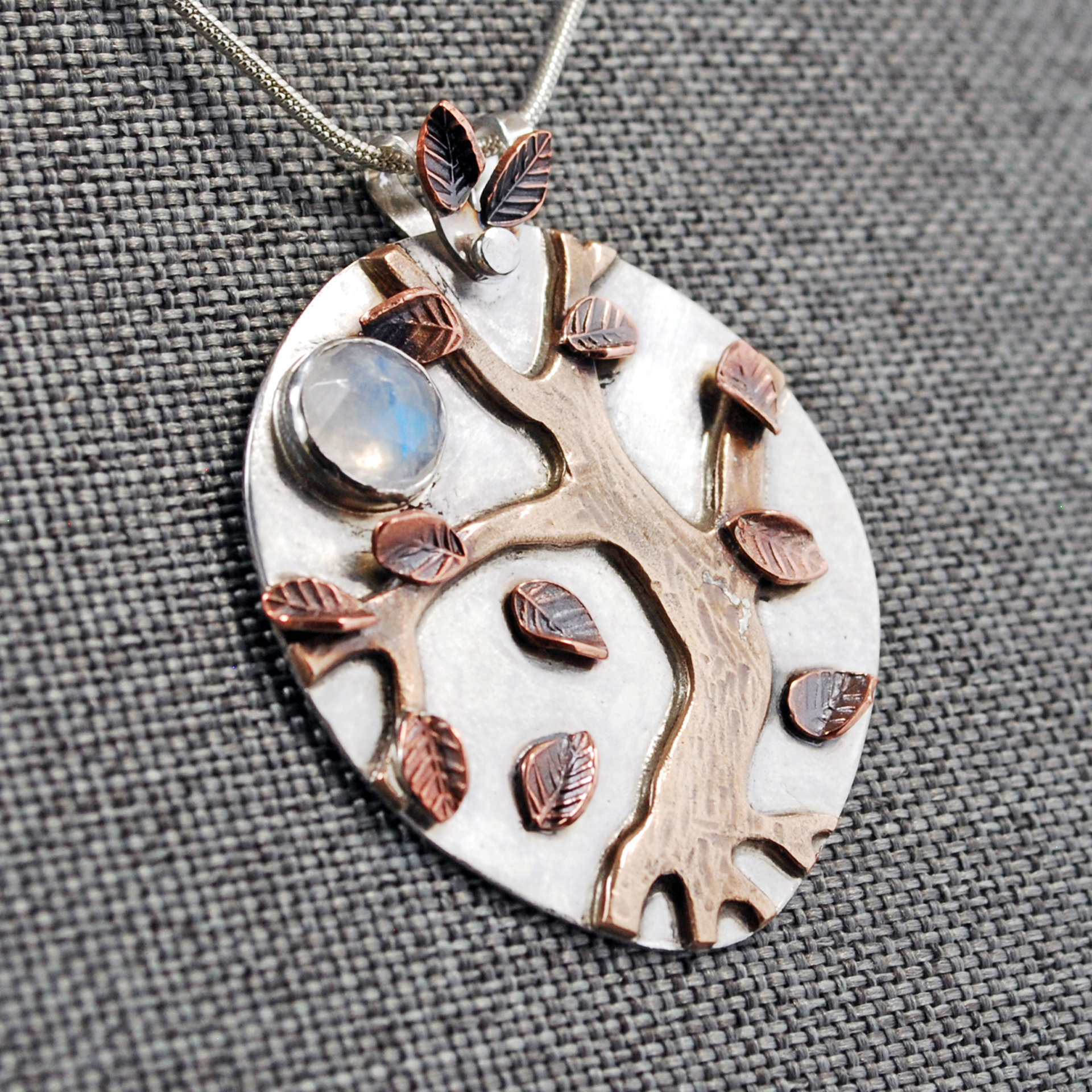 Autumn Tree Pendant, Silver, Copper, Bronze, Moonstone