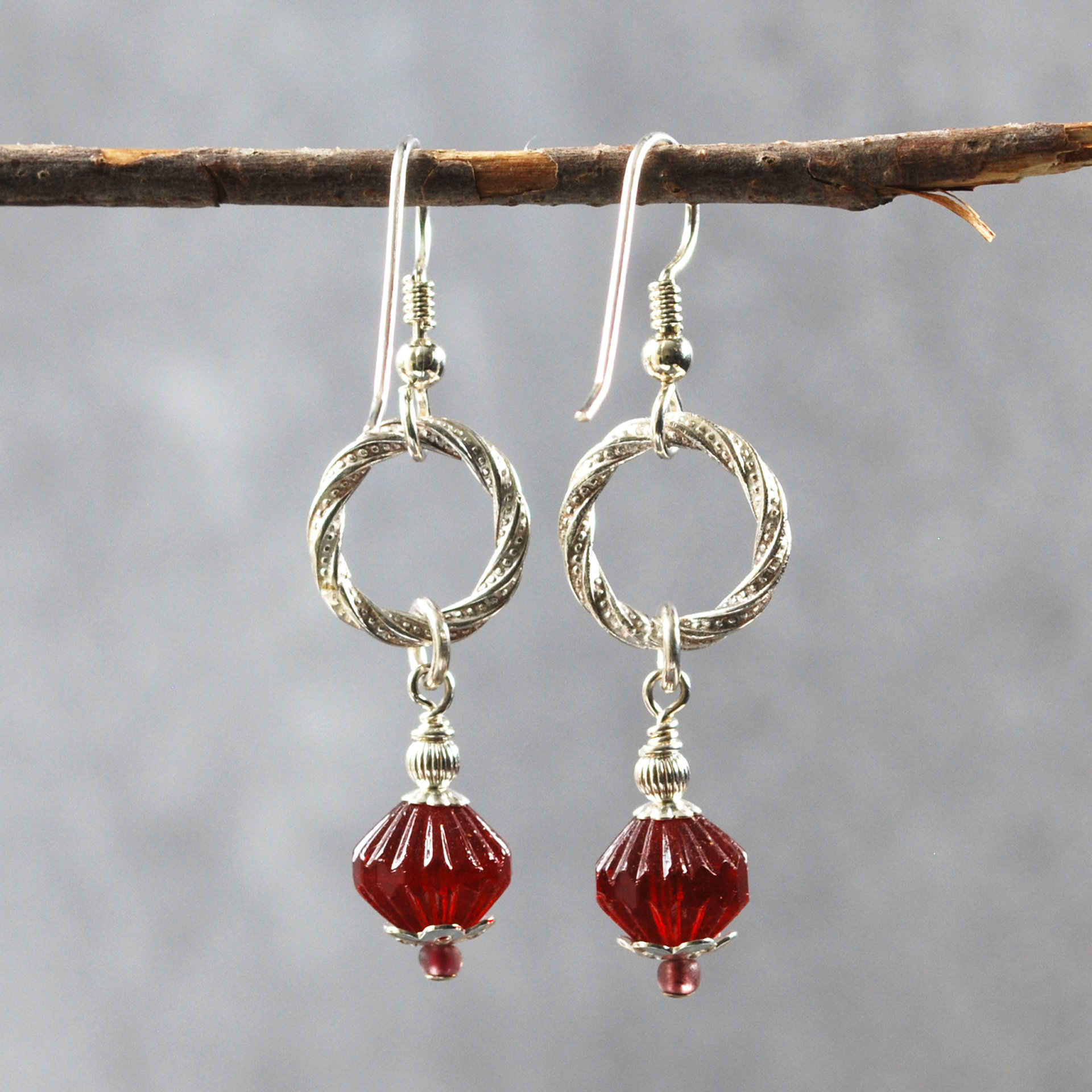 Silver and Red Czech Glass Bead Earrings