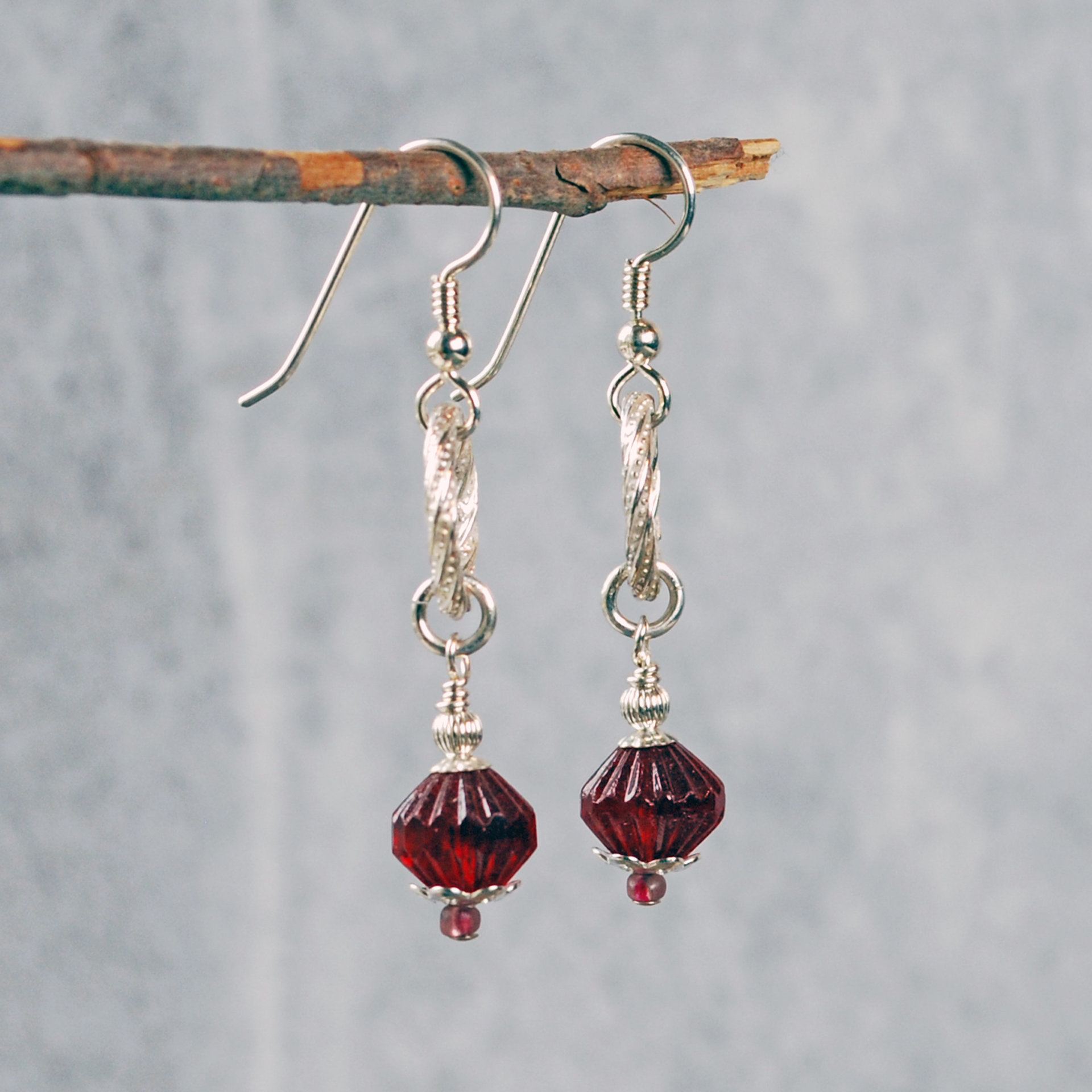 Silver and Red Czech Glass Bead Earrings