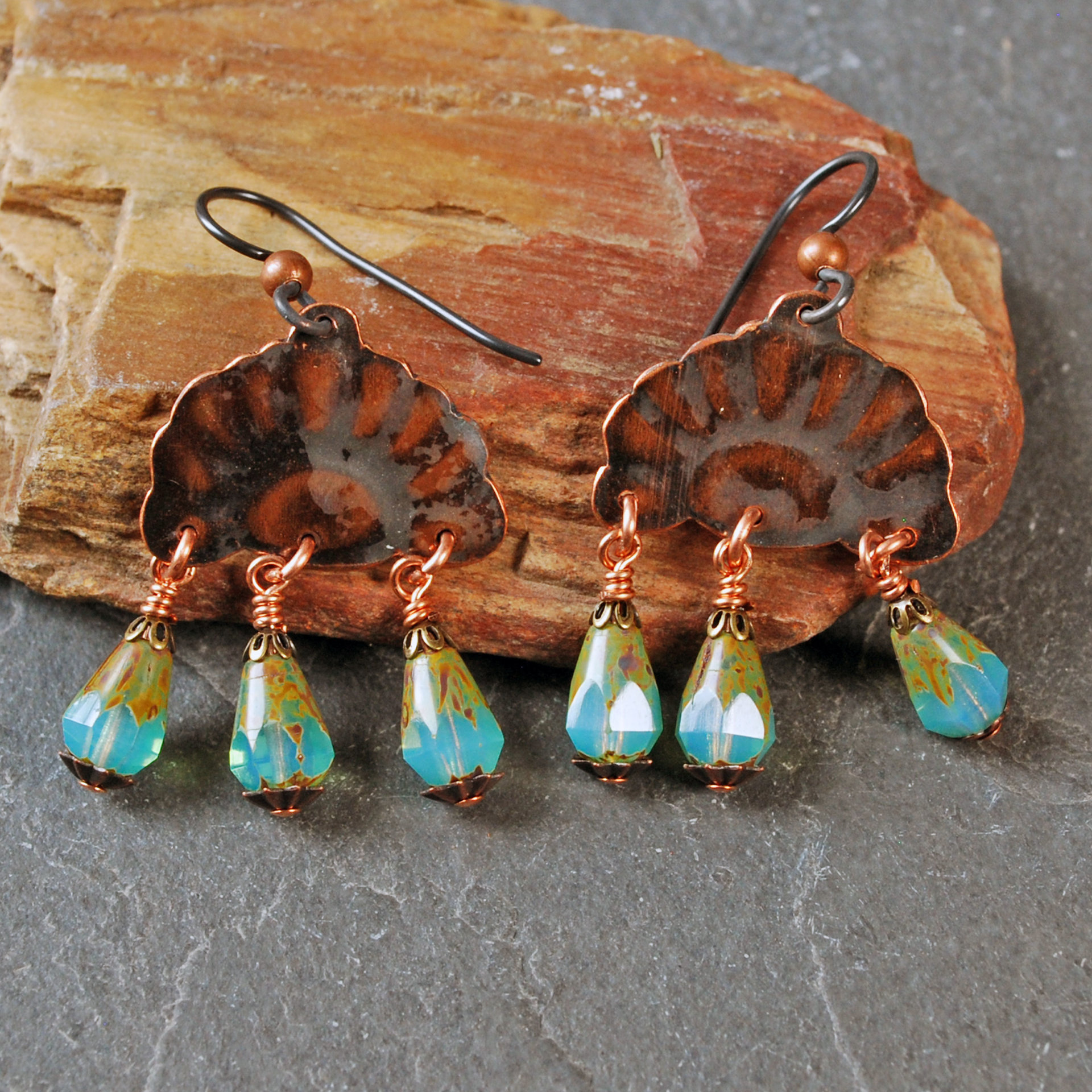 Copper Earrings with Czech Glass Dangles