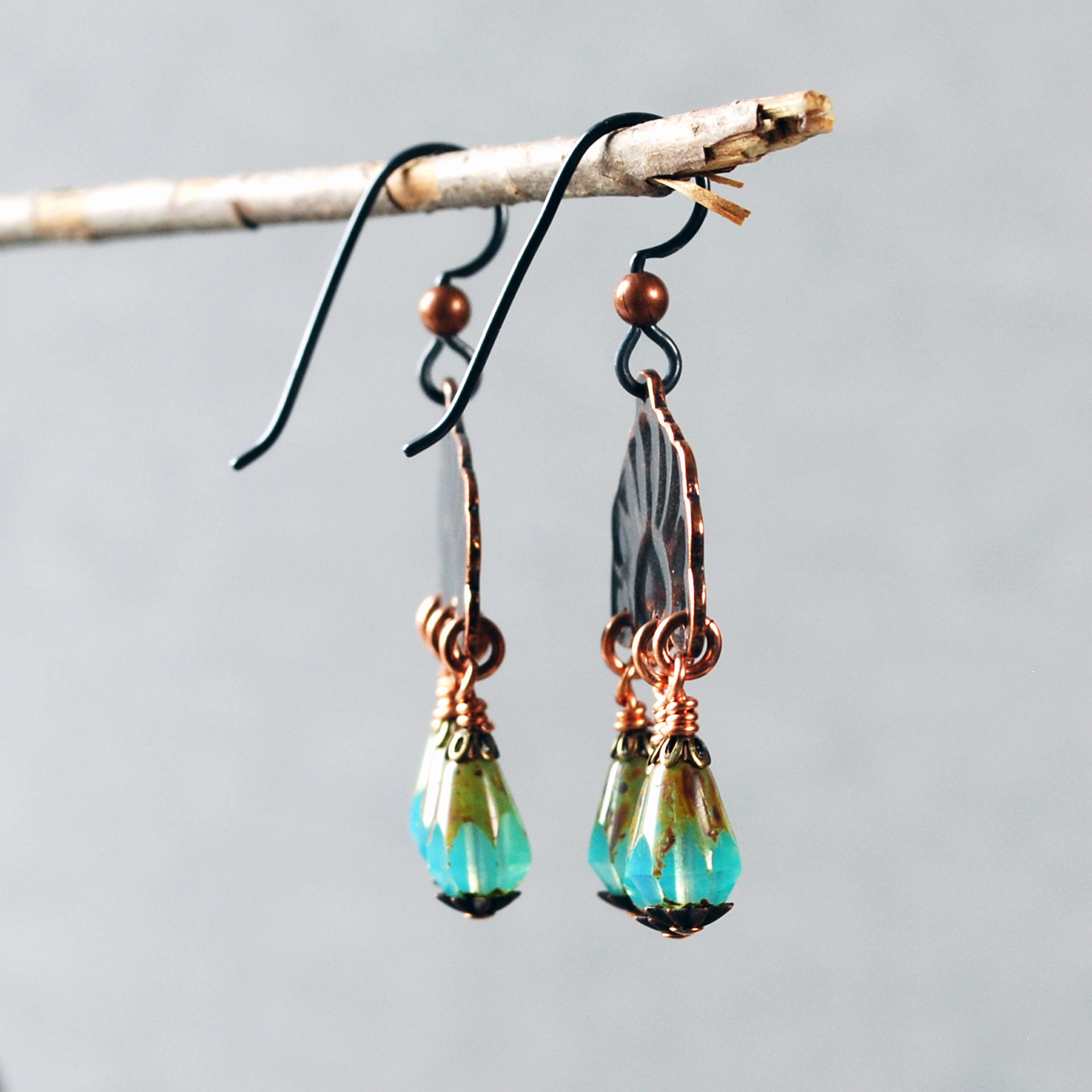 Copper Earrings with Czech Glass Dangles