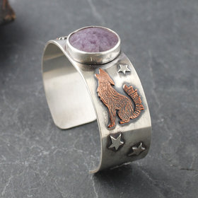 Silver Cuff with Fluroite, Coyotes, Wolves, Stars