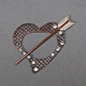 Copper and Silver Heart Shawl Pin, Scarf Pin, Fibula