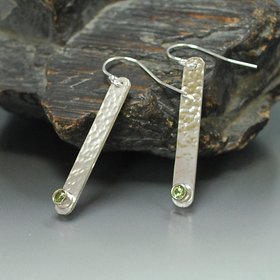 Hammered Silver Stick Earrings with Peridot,August Birthstone Earrings