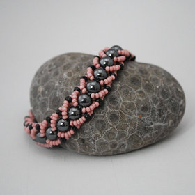 Hematite and Black Onyx Beaded Bracelet, Black and Pink
