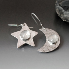 Sterling Silver Moon and Star Earrings with Moonstones