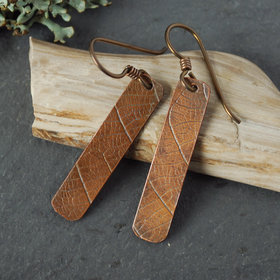 Copper Dangle Earrings, Leaf Impressed Texture