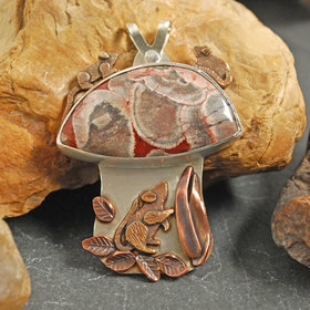 Mushroom Jasper, Rhyolite Pendant with Bronze Mice