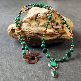 Malachite, Amber, Silver and Copper Necklace