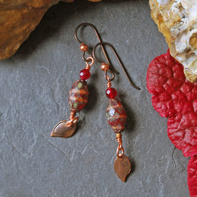 Czech Glass and Garnet Earrings with Copper Leaves