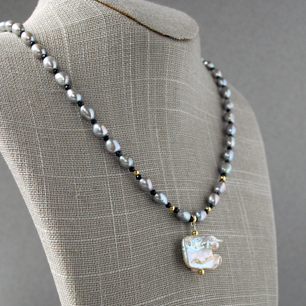 Gray Freshwater Pearl Necklace with Baroque Focal Pearl, Gold Accents