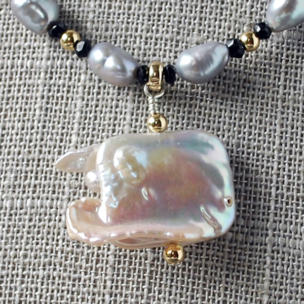Gray Freshwater Pearl Necklace with Baroque Focal Pearl, Gold Accents