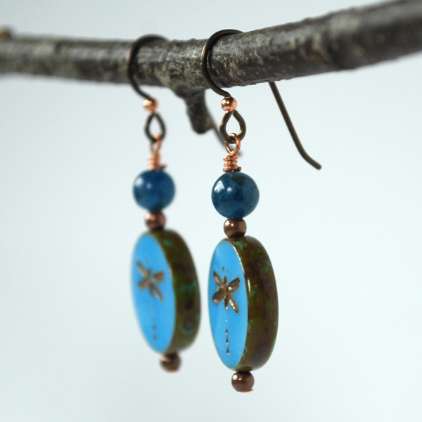 Blue Czech Glass and Apatite Dragonfly Earrings