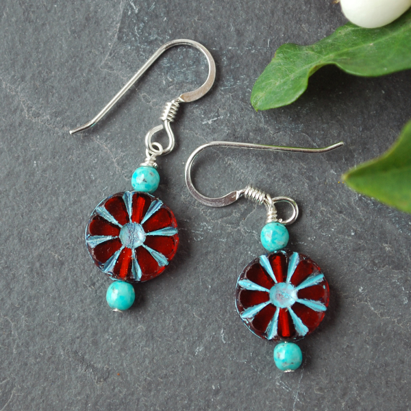 Red Czech Glass Flower and Turquoise Earrings