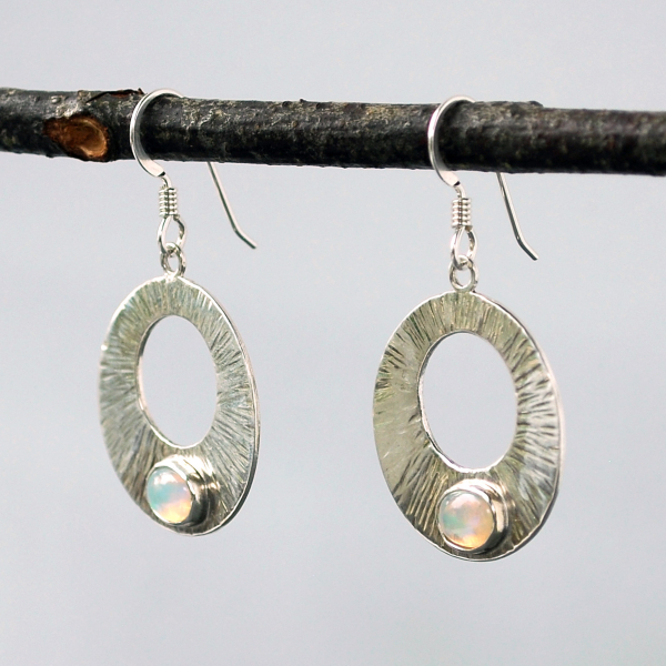 Silver Circle Earrings with Welo Opals hanging