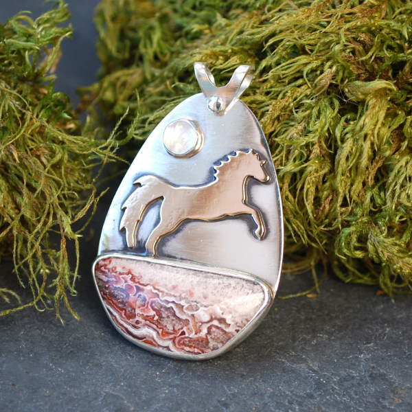 Crazy Lace Agate Pendant with Horse, Moonstone