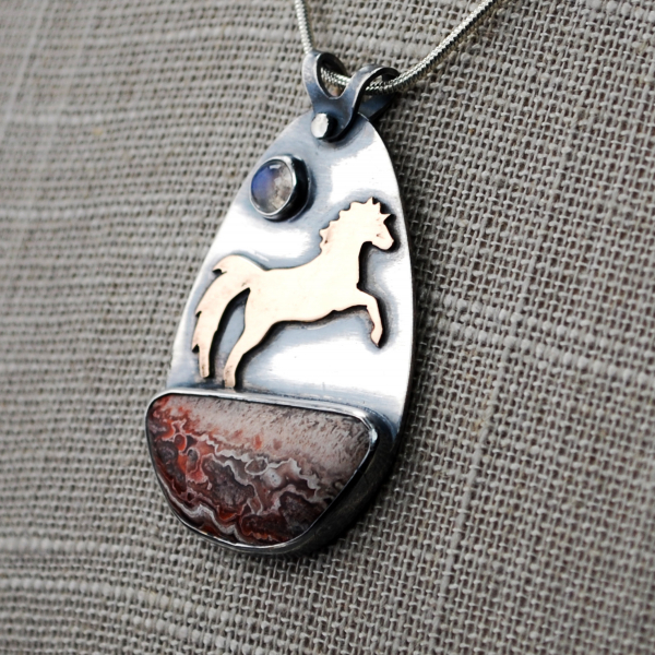 Crazy Lace Agate Pendant with Horse, Moonstone close-up angle