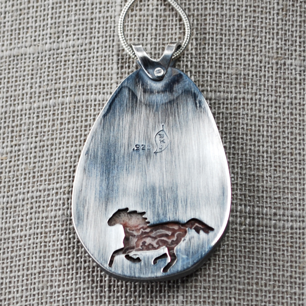 Crazy Lace Agate Pendant with Horse, Moonstone close-up back