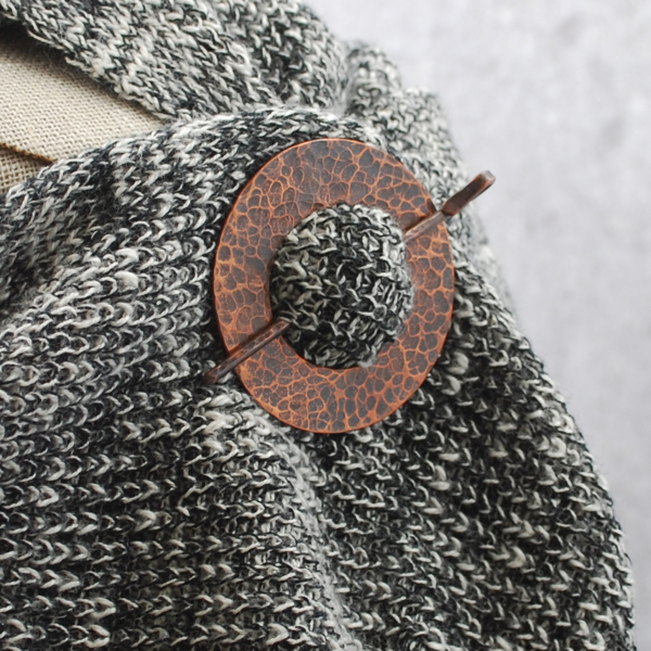 Rustic Hammered Copper Shawl Pin on scarf angle