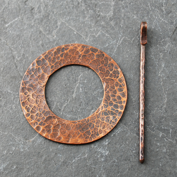 Rustic Hammered Copper Shawl Pin on scarf front