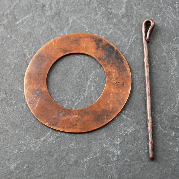 Rustic Hammered Copper Shawl Pin on scarf back