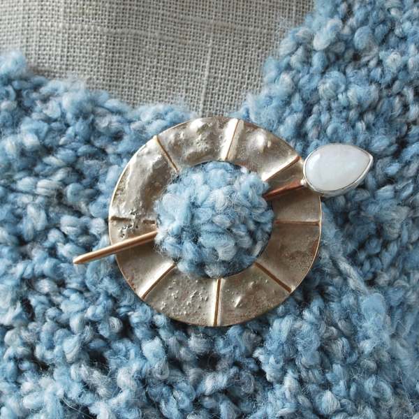 Bronze, Silver, Moonstone Scarf Pin, pinned to scarf closeup