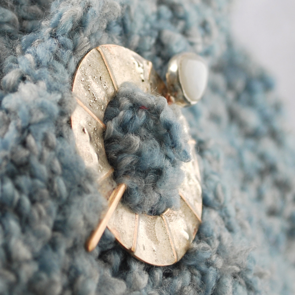 Bronze, Silver, Moonstone Scarf Pin, pinned to scarf closeup angle