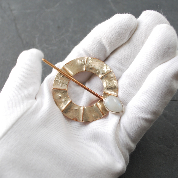 Bronze, Silver, Moonstone Scarf Pin, in hand