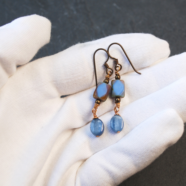 Kyanite, Czech Glass and Bronze Earrings in hand