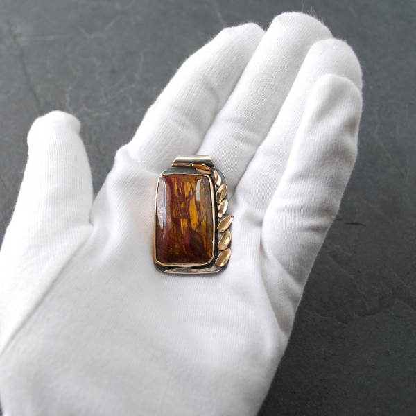 Silver and 14K Gold Pietersite Pendant close-up back