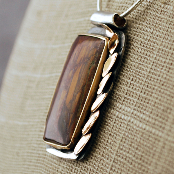 Silver and 14K Gold Pietersite Pendant close-up angle view