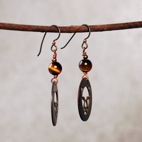 Copper Cougar, Wild Cat Earrings with Tigers Eye, hanging at angle