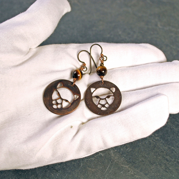 Copper Cougar, Wild Cat Earrings with Tigers Eye, in hand