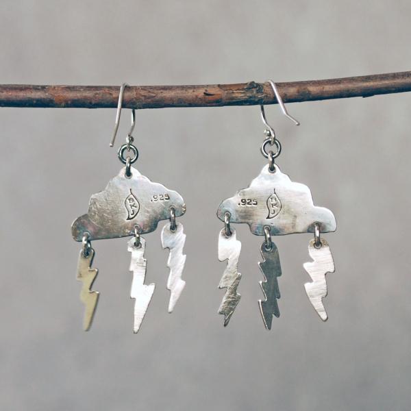 Silver Cloud Earrings with Lightning Bolts, hanging back view