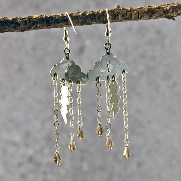 Silver Cloud Earrings with Rain, Lightning hanging, back view